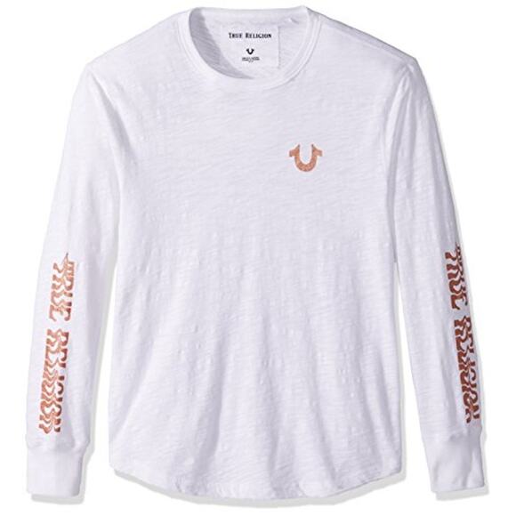 True Religion Girls White Long Sleeve Distorted Logo T-Shirt Size Large - Picture 1 of 7